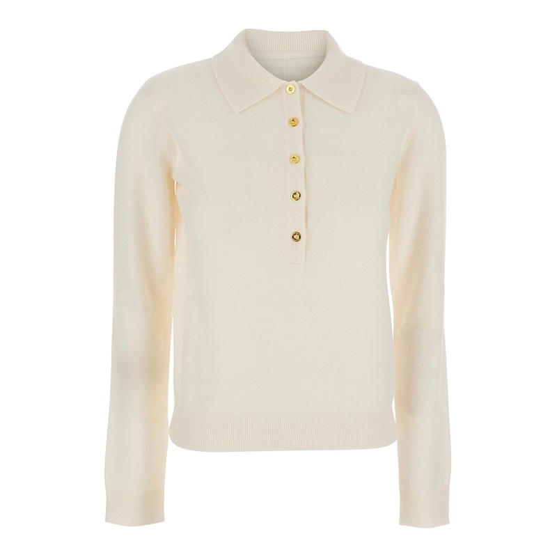 White Sweater Wide Collar Button-Up in Fabric Woman