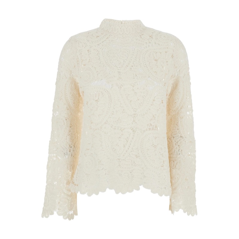White Sweater with Mock Neck and All-Over Embroidery in Silk Woman