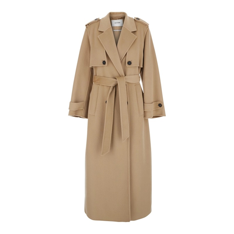 ‘Ann’ Beige Coat with Classic Lapels and Belt Closure on the Front in Wool Woman