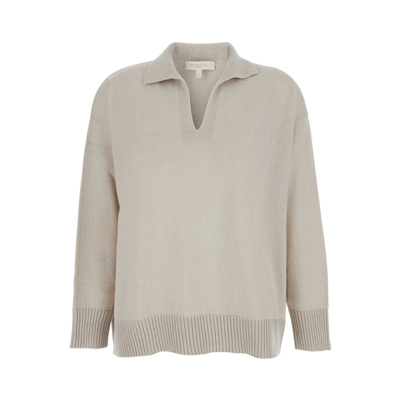 ‘Augusto’ Beige Sweater with V Neck and Ribbed Trims in Wool Woman