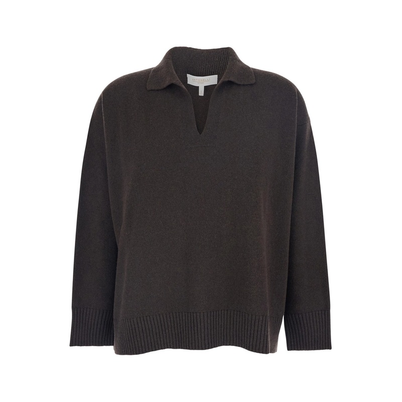 ‘Augusto’ Brown Sweater with V Neck and Ribbed Trims in Wool Woman