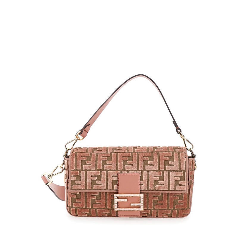 ‘Baguette’ Pink Medium Shoulder Bag with All-Over FF Motif and FF Logo Plaque on the Front in Cotton Blend Woman