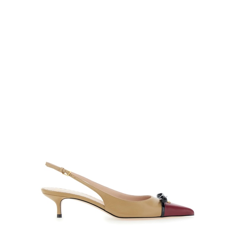 Beige Dcollet with Bow and Logo Plaque on the Front in Leather Woman