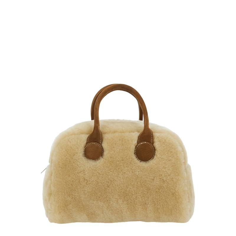 Beige Handbag with Top Zip Closure and Two Top Handles in Ecofur Woman