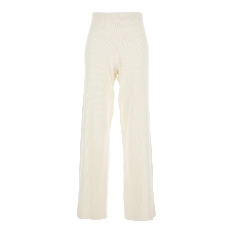 Beige High-Waisted Ribbed Knit Pants with Straight Hem in Wool Blend Woman
