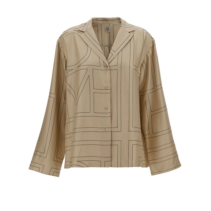 Beige Shirt with All-Over Monogram Print in Silk Woman
