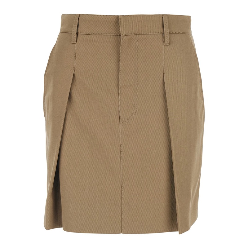Beige Skirt with Belt Loops and Pleated Front in Fabric Woman