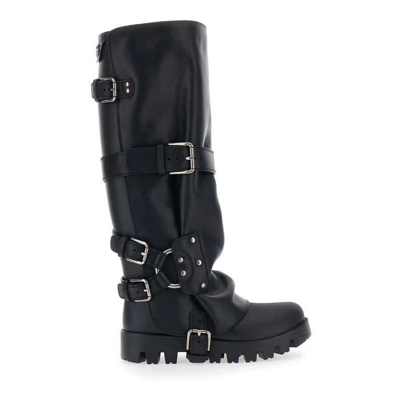 Black Ankle Boots with Adjustable Buckle Straps and Logo Plaque on the Back in Leather Woman