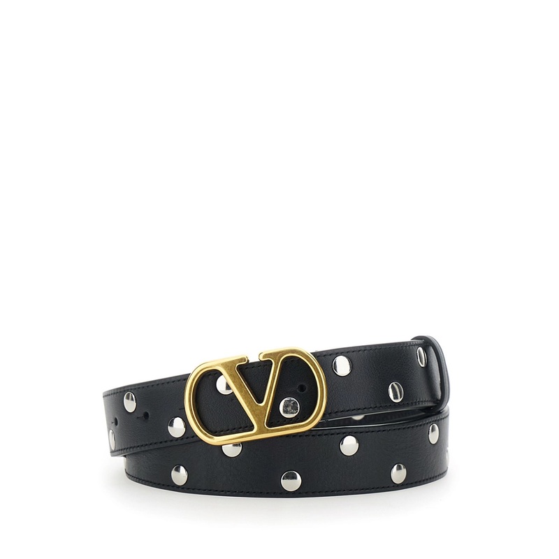 Black Belt with VLogo Buckle Closure and All-Over Stud Embellishments in Leather Woman