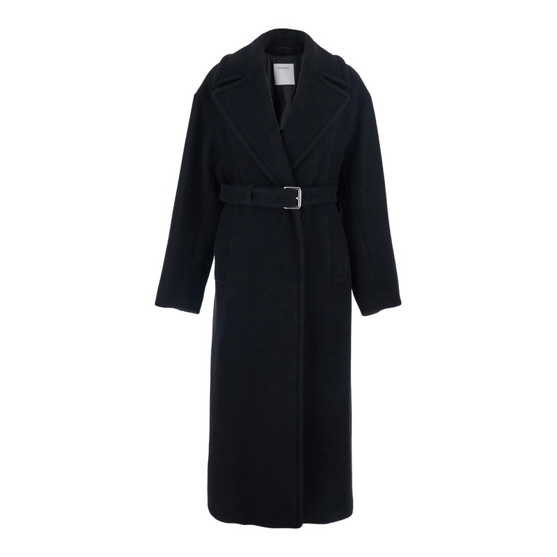 Black Coat with Classic Lapels and Waist Belt in Wool Woman