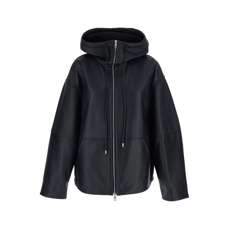 Black Jacket with Dropped Shoulder and Hood with Drawstring in Leather Woman