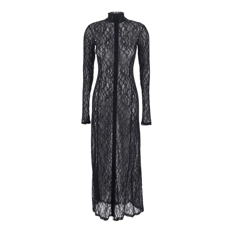Black Long Dress with High Neck and Semi-Sheer Design with Embroidery in Fabric Woman
