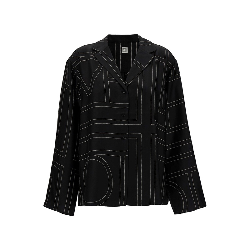 Black Shirt with All-Over Monogram Print in Silk Woman
