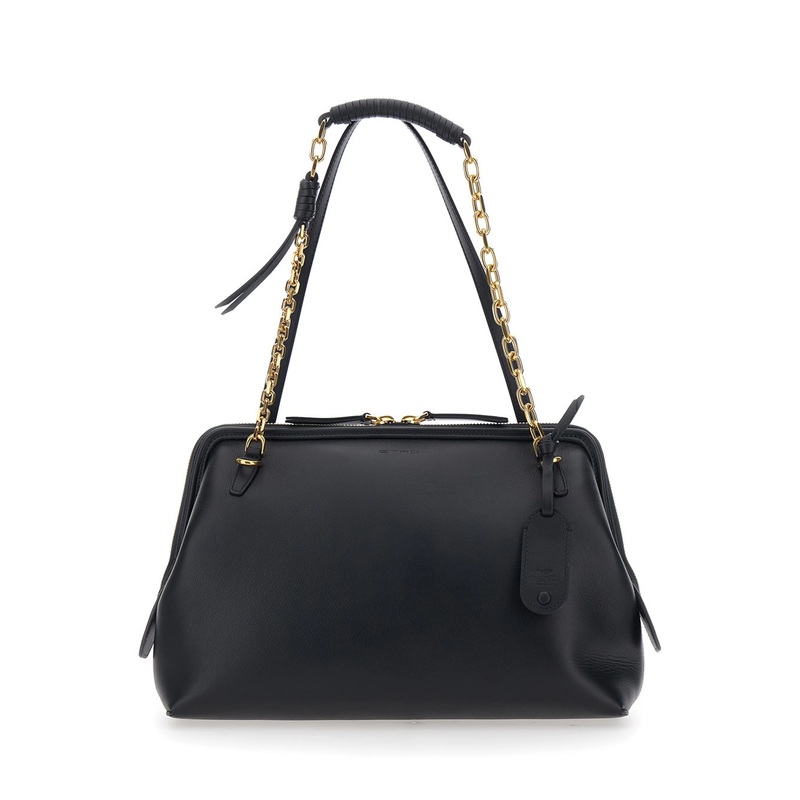 Black Shoulder Bag with Chain-Link Shoulder Strap and Tag with Embossed Logo on the Front in Leather Woman