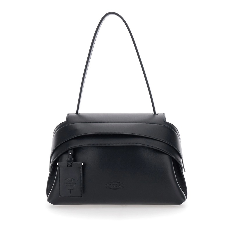 Black Shoulder Bag with Top Handle and Embossed Logo on the Front in Leather Woman