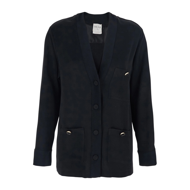 Black V-Neck Cardigan with Patch Pockets in Fabric Woman