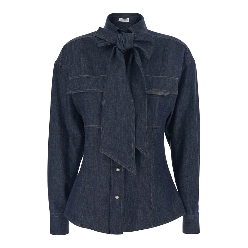 Blue Shirt with Bow Detail and Button Closure in Denim Woman