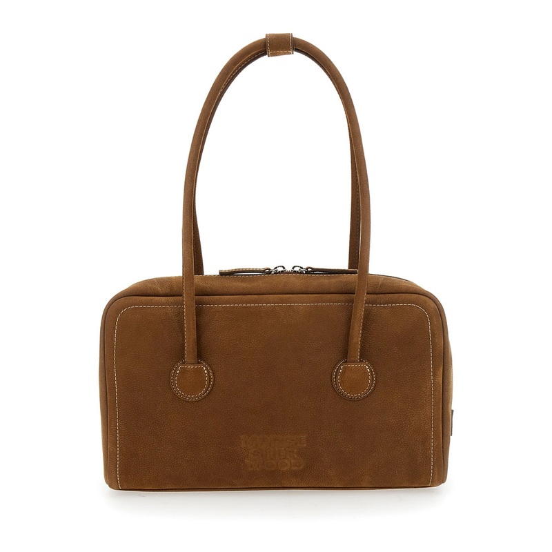 ‘Boston’ Beige Shoulder Bag with Embossed Logo Lettering on the Front in Leather Woman