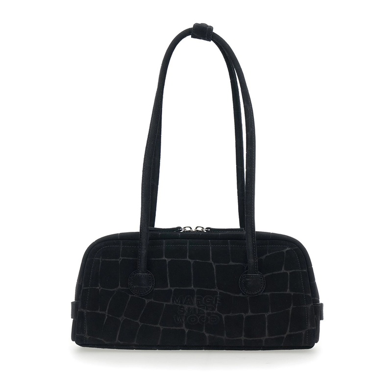 ‘Boston’ Black Shoulder Bag with Embossed Logo Lettering on the Front in Suede Woman