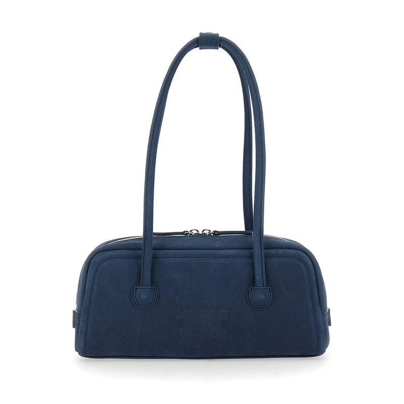 ‘Boston’ Blue Shoulder Bag with Embossed Logo Lettering on the Front in Leather Woman