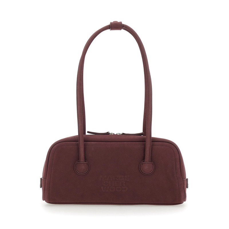 ‘Boston’ Bordeaux Shoulder Bag with Embossed Logo Lettering on the Front in Leather Woman