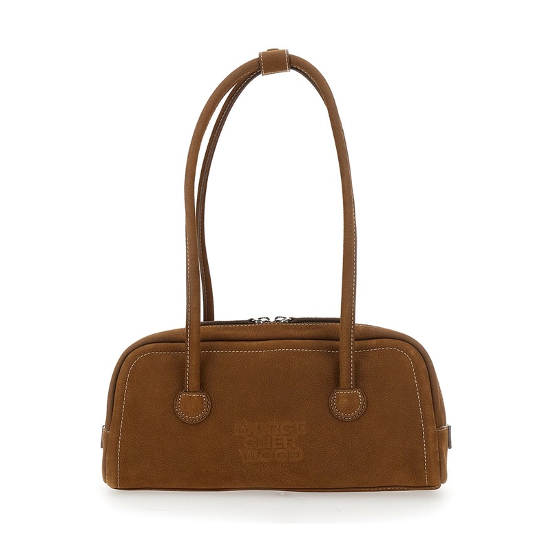 ‘Boston’ Brown Shoulder Bag with Embossed Logo Lettering on the Front in Leather Woman