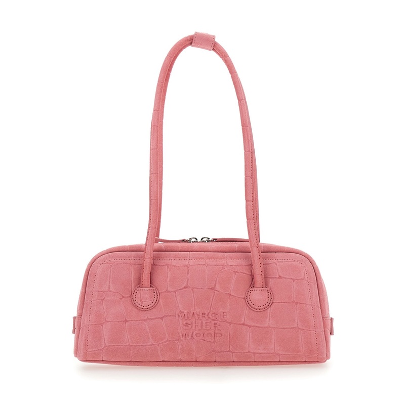 ‘Boston’ Pink Shoulder Bag with Embossed Logo Lettering on the Front in Suede Woman