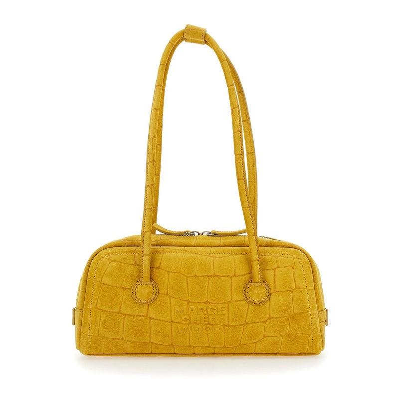 ‘Boston’ Yellow Shoulder Bag with Embossed Logo Lettering on the Front in Suede Woman
