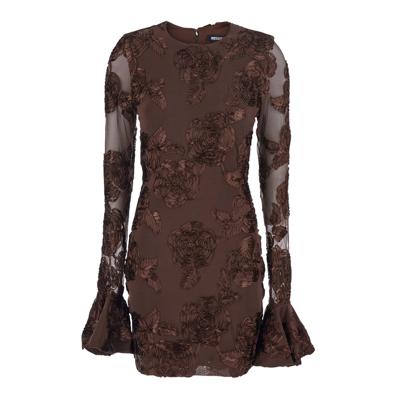 Brown Crewneck Mini Dress with Flared Long Sleeves in Tech Fabric Stretch Woman