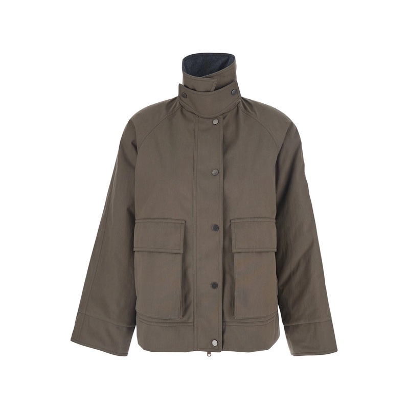 Brown Jacket with High Neck and Patch Pockets on the Chest in Wool Woman