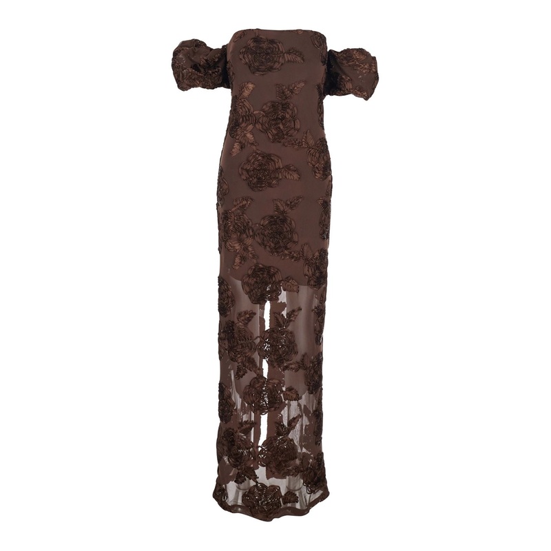 Brown Long Dress with Removable Short Sleeves and All-Over Floral Embroidery in Tech Fabric Stretch Woman