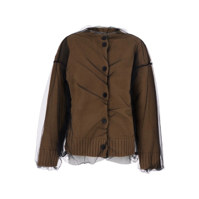 Brown Ribbed Crew Neck Sweater with Tulle Overlay in Wool Woman