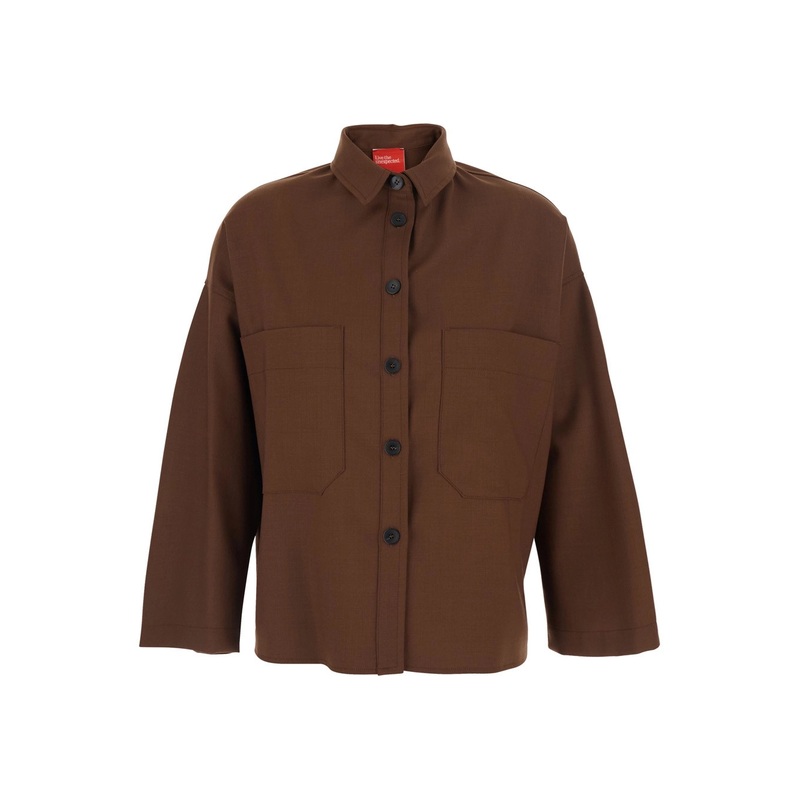 Brown Shirt with Classic Collar and Patch Pockets in Cotton Blend Woman