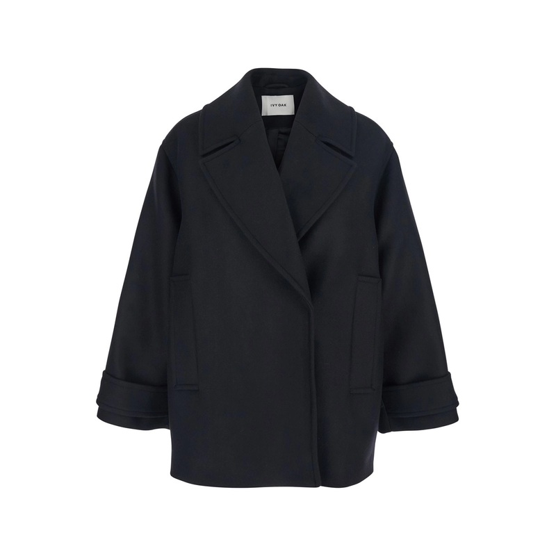 ‘Carly’ Black Coat with Wide Notched Revers in Wool Woman