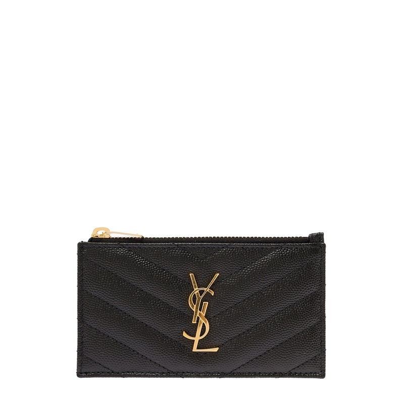 ‘Cassandre’ Black Embossed Card Holder with Zip and Logo in Leather Woman Saint Laurent