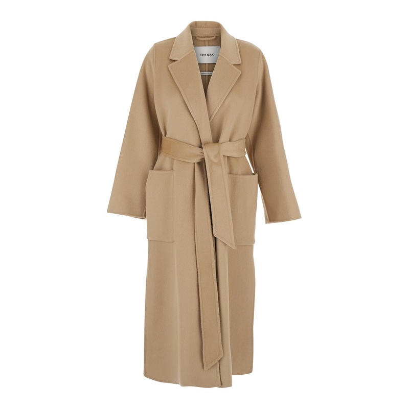‘Celia’ Beige Coat with Classic Lapels and Belt Closure on the Front in Wool Woman
