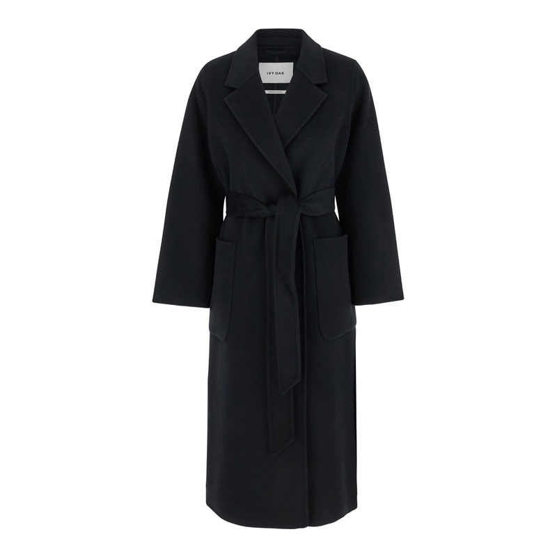 ‘Celia’ Black Double-Breasted Coat with Notched Revers and Belt in Wool Woman