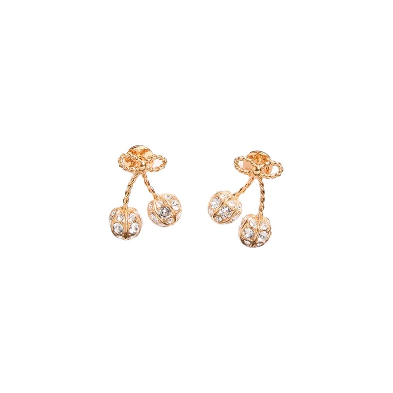 Cold Coloured Earings with Cherry Design ans Crystal Embellishments in Gold Plated Metal Woman