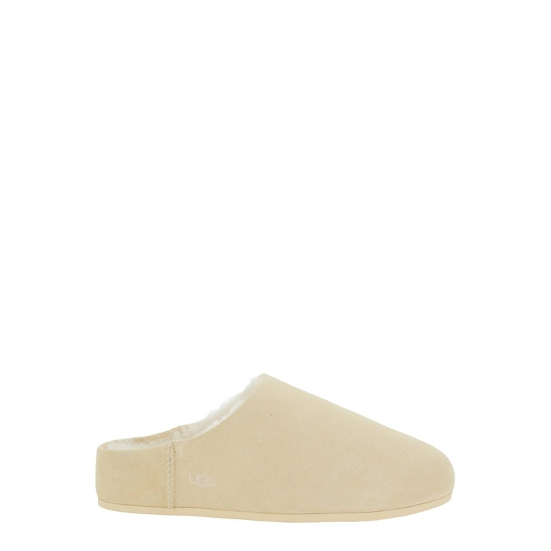 ‘Elea’ Beige Mules with Logo Lettering on the Side and Shearling Lining in Suede Woman