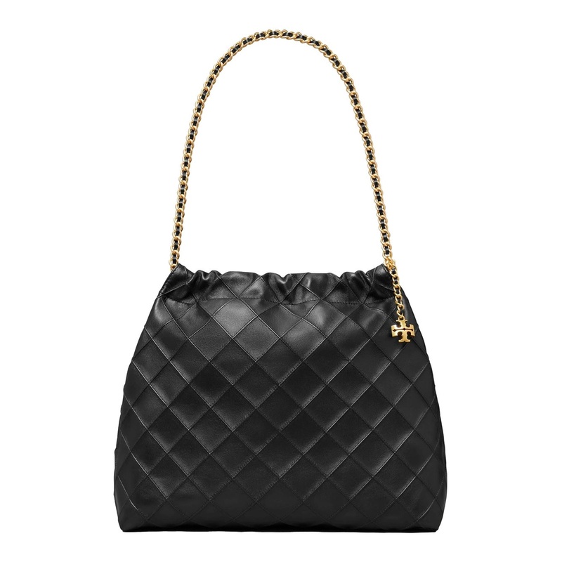 ‘Fleming’ Black Diamond Quilted Shoulder Bag with Chain-Link Handles in Leather Woman