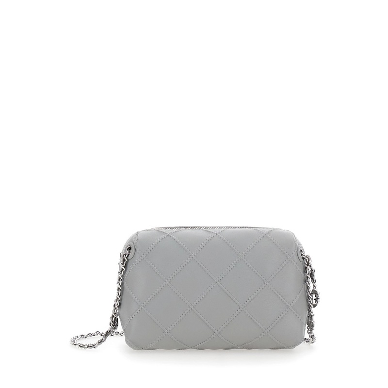 ‘Fleming’ Grey Diamond Quilted Shoulder Bag with Chain-Link Shoulder Strap in Leather Woman