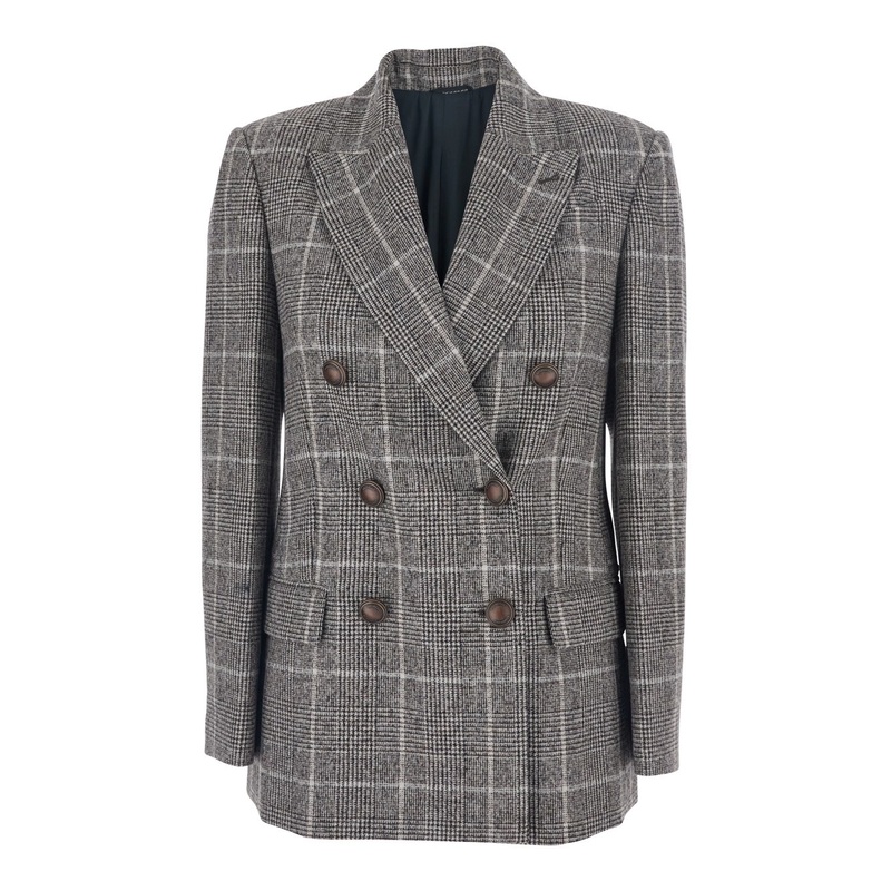 Grey Double-Breasted Jacket with All-Over Check Motif in Wool Woman