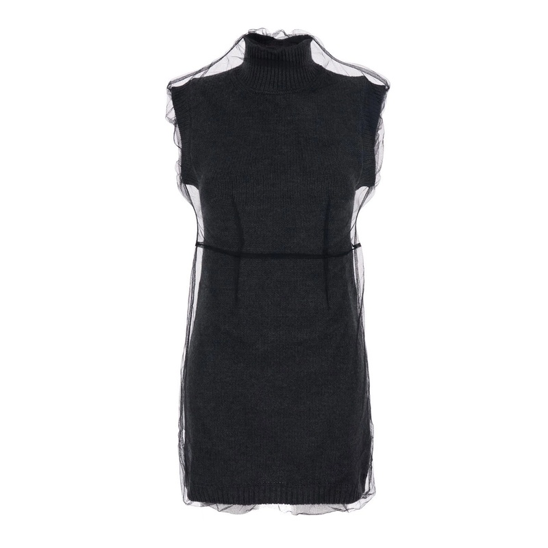 Grey High Neck Dress with Logo Patch Applied on the Back in Wool Woman