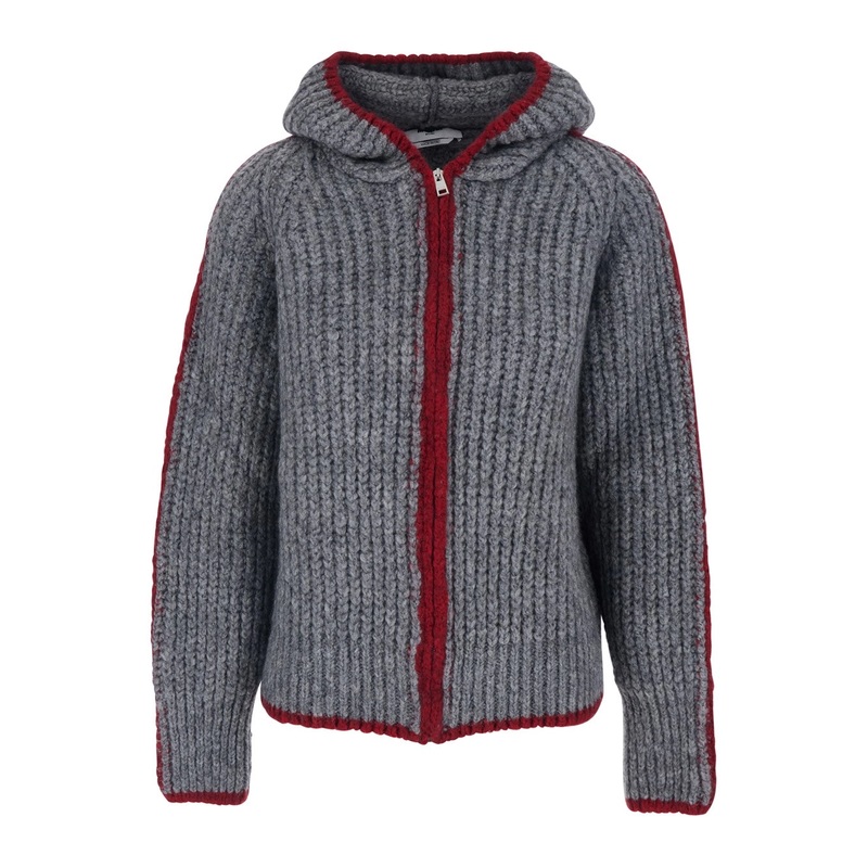 Grey Sweater with Hood and Front Zip Closure in Wool Blend Woman