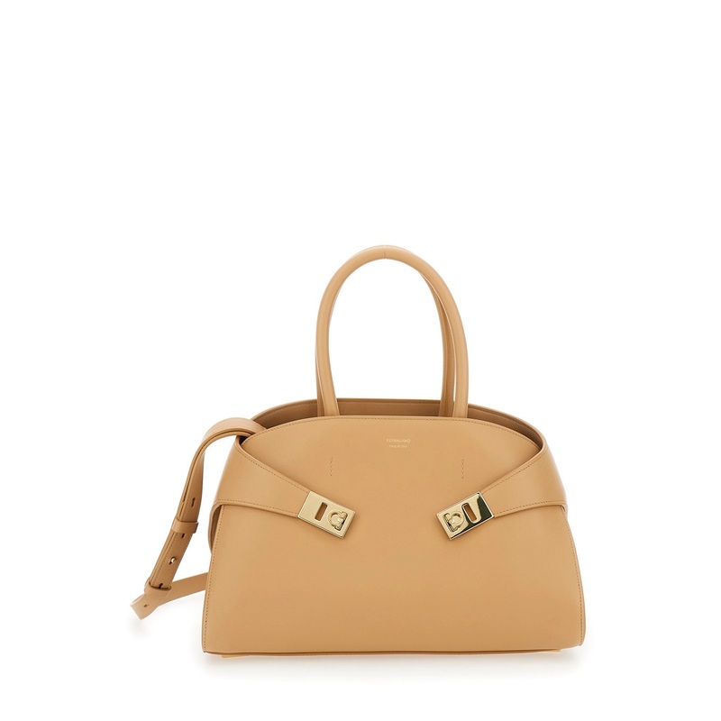 ‘Hug Small’ Beige Shoulder Bag with Logo and Gancini Buckle in Leather Woman