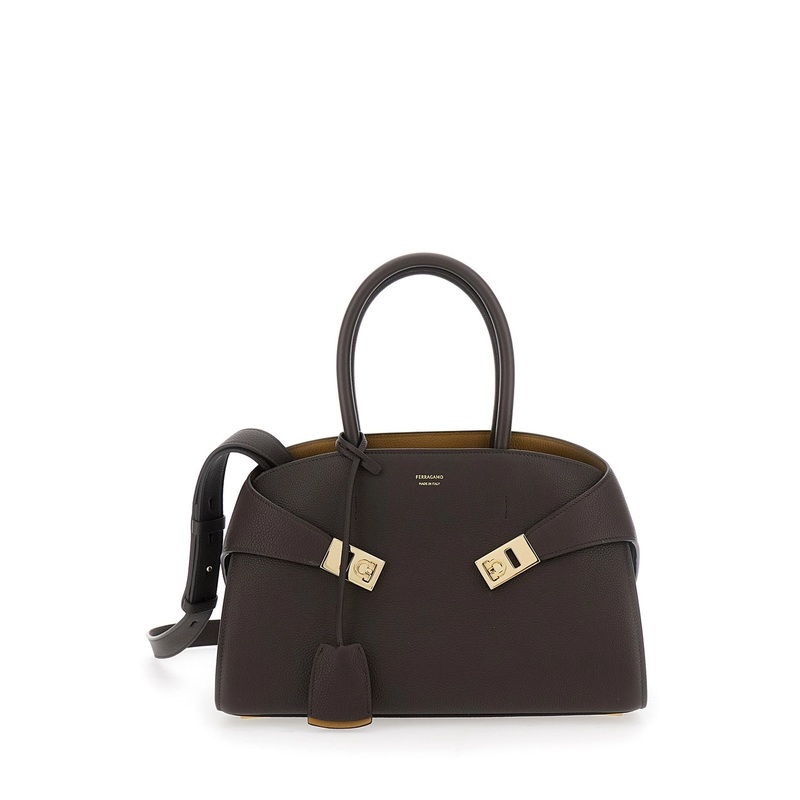 ‘Hug Small’ Brown Shoulder Bag with Logo and Gancini Buckle in Leather Woman