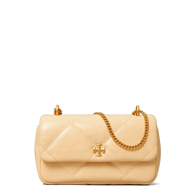 ‘Kira’ Beige Crossbody Bag with Logo Plaque on the Front and Chain-Link Shoulder Strap in Leather Woman
