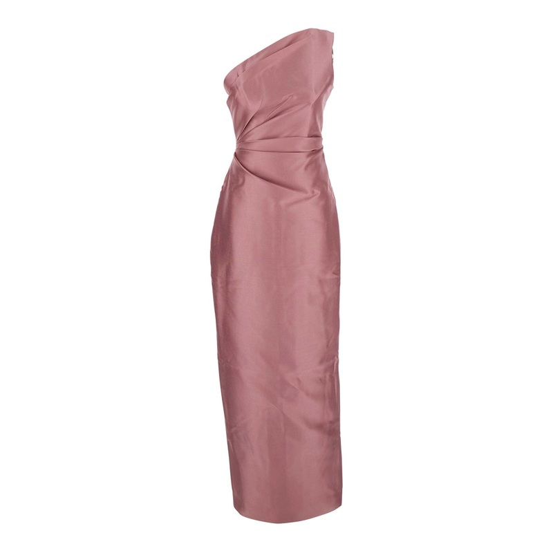 ‘Kira’ Pink One-Shoulder Long Dress with Draped Details in Twill Woman