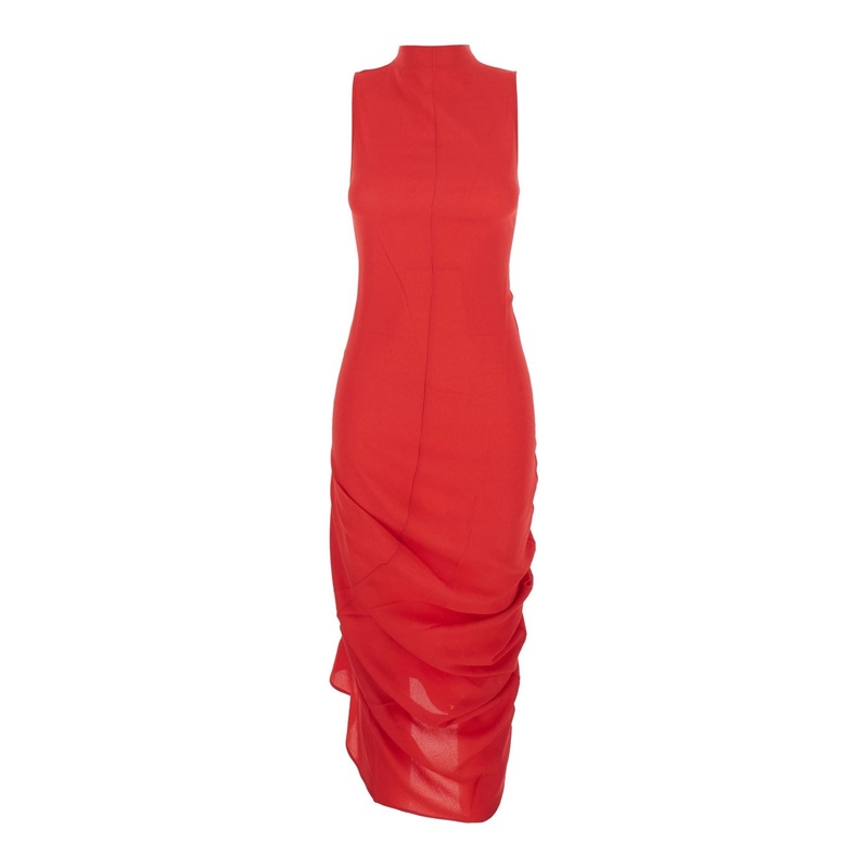 ‘La Robe J’ Red Dress with J Application on the Back and Ruffle Details in Fabric Woman