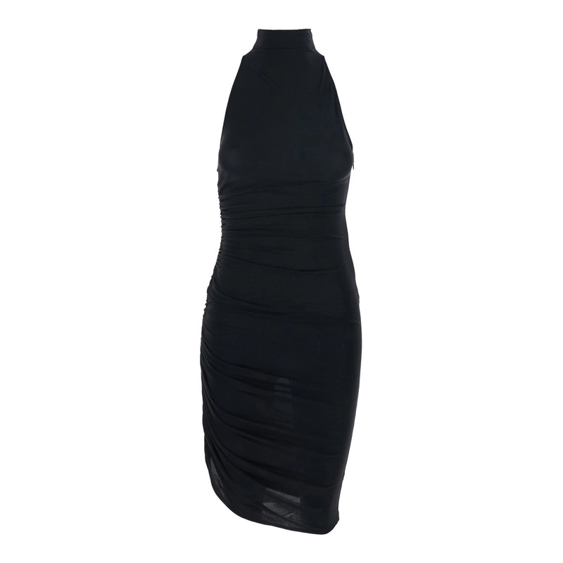 ‘La Robe Piazza Courte’ Black Dress with High Neck and Ruffle Details in Black Fabric